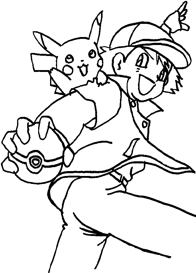 Ash holding a pokeball coloring page