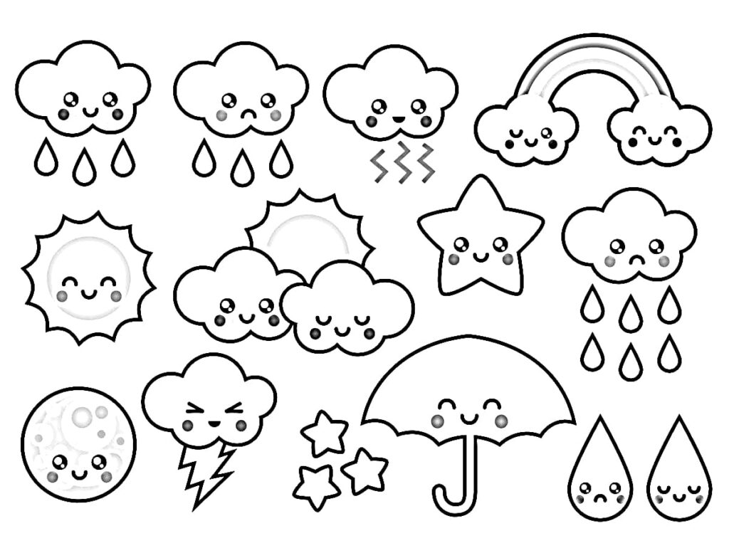 Clouds with faces coloring page