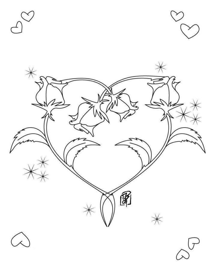 Coloring page of a heart formed by roses