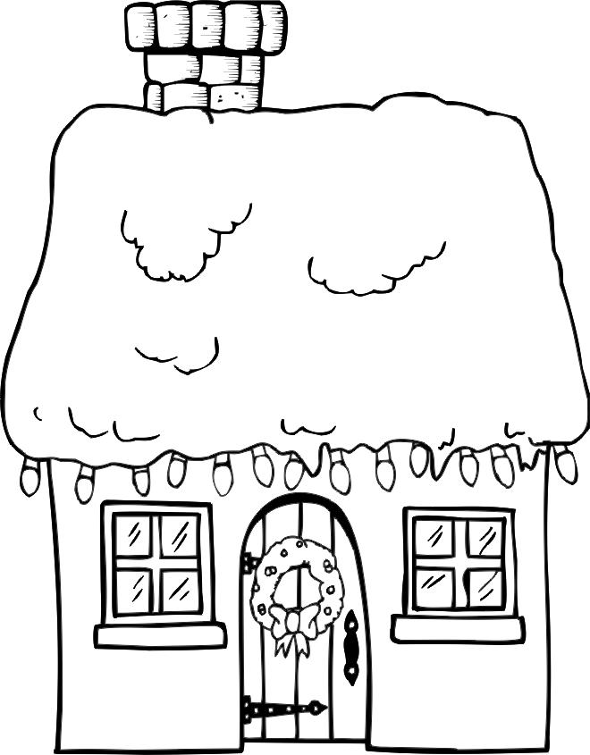 Coloring page of a house with Christmas decorations