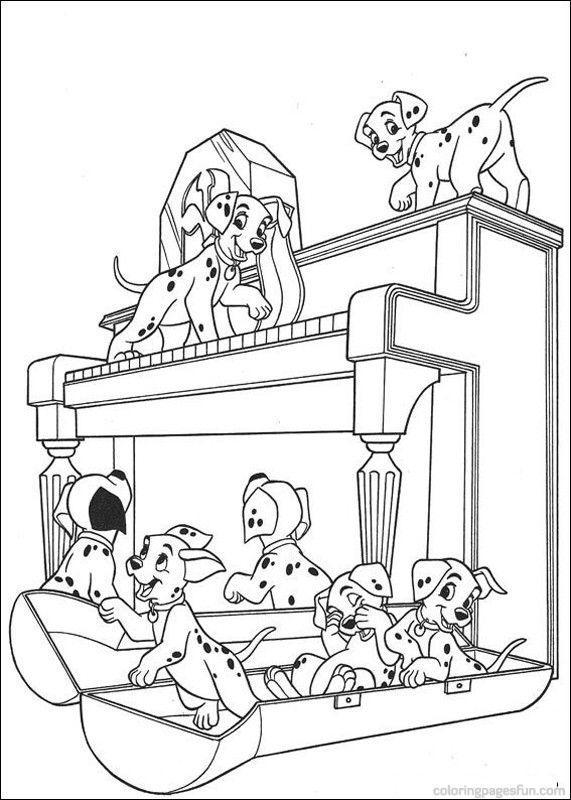 Coloring page of seven dalmatian puppies
