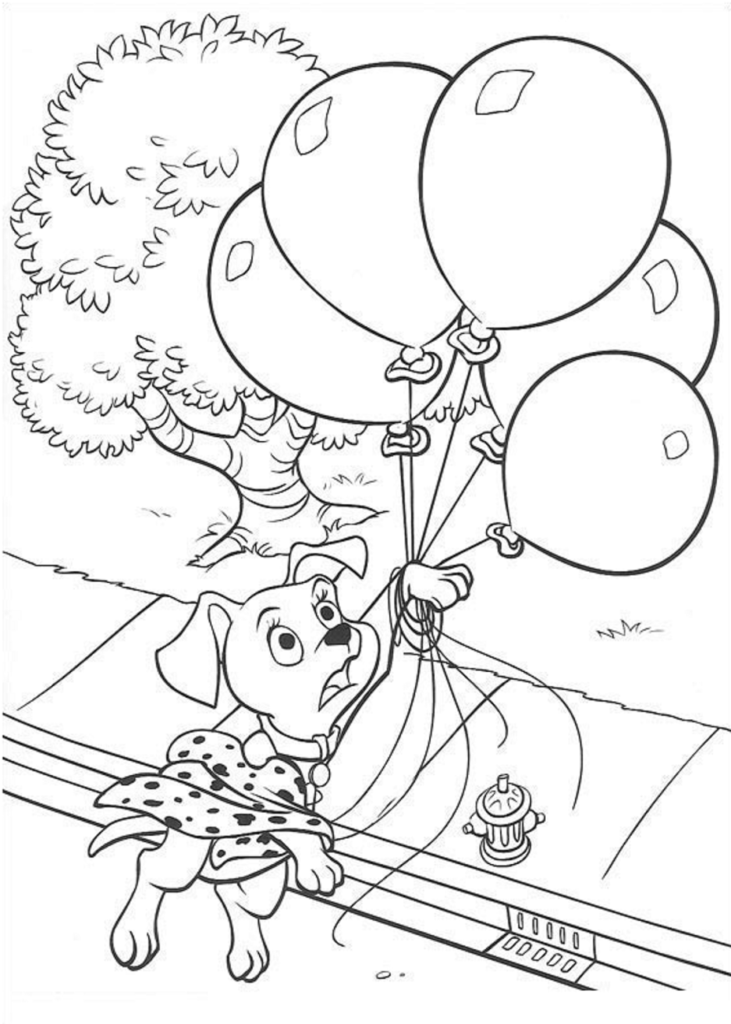 Dalmatian being carried away by balloons for coloring