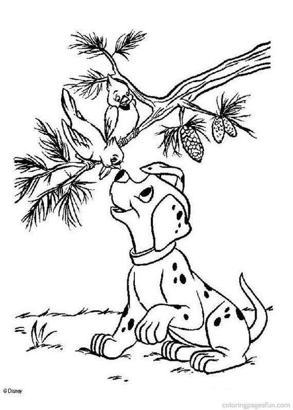 Dalmatian playing with a bird coloring page