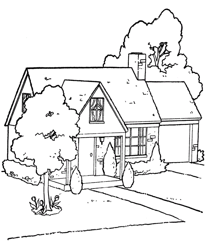 Drawing of a house with trees for coloring