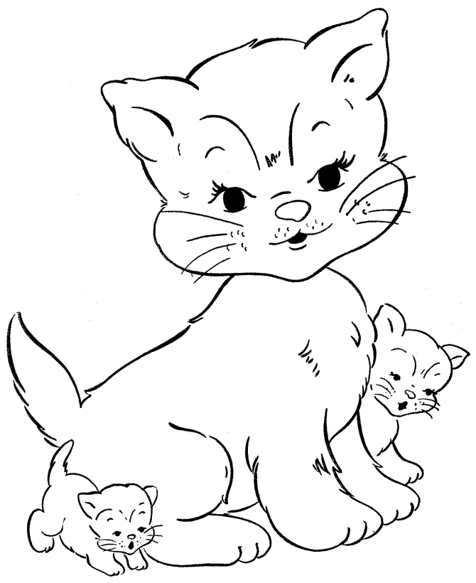 Drawing of a kitten with her kittens to color