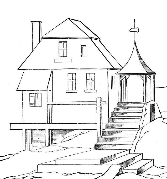 Drawing of a large house with stairs