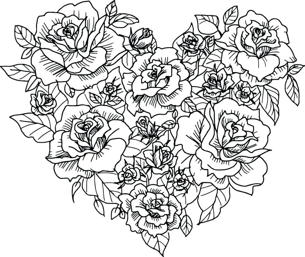 Drawing of flowers forming a heart coloring page