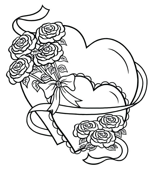 Heart drawing with ribbons and flowers coloring page