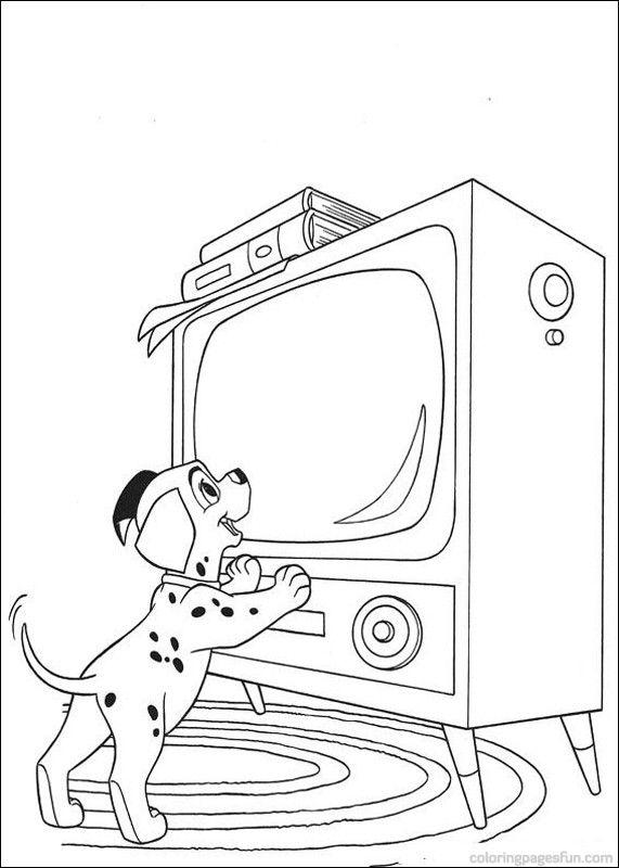 coloring page of a dalmatian playing with the television