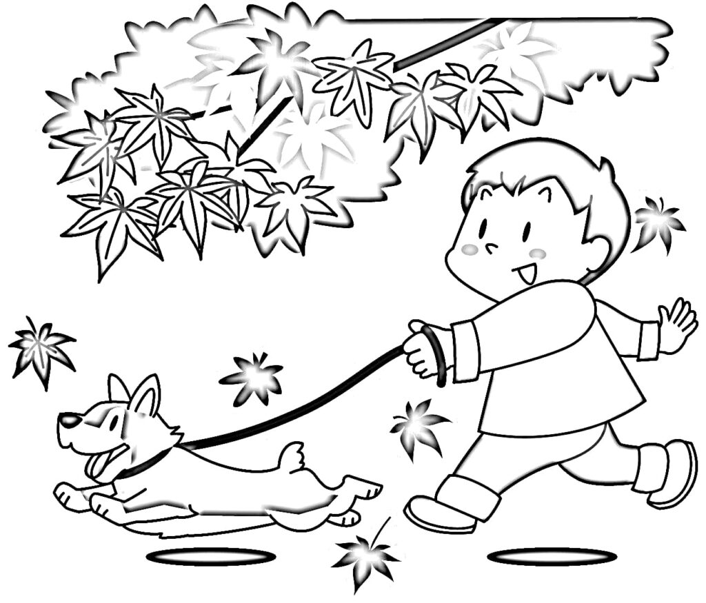 A boy walking his dog coloring page