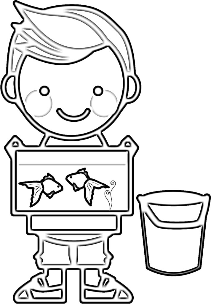 Coloring page of a boy holding an aquarium