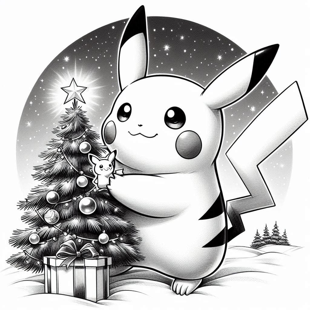 Pikachu and a Christmas tree